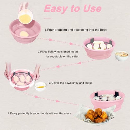 FJNATINH Collapsible Batter Bowl - Mess Free Better Breader Shaker Bowl with Lid Breading Shaker Container - Great for Fried Fish, Fried Chicken, Onion Rings, Wings & More,No Leak,Easy to Store,Pink - color: Pink
