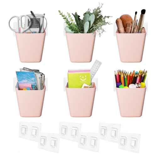 Wall Caddy Pen Holders, 6 Pack Large Pencil Cups Organizer for Marker / Remote / Crayon / White Board Accessories, with Adhesive Stickers, Office Home Craft Class Kids Room Art Organization (Pink) - color: Pink