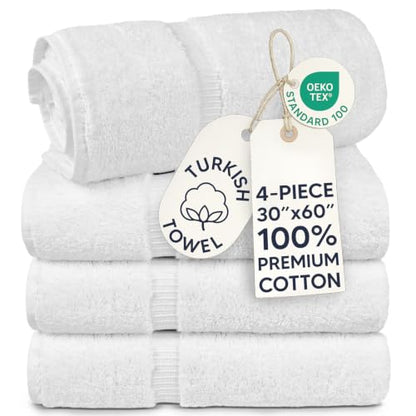 Chakir Turkish Linens 4 Piece Extra Large Bath Towels, 100% Cotton Luxury Turkish Towels for Bathroom, Soft Absorbent Bath Towels, 30 x 60 Inches, White - color: White