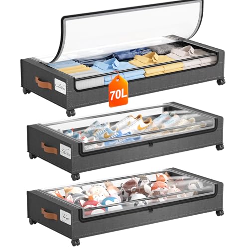 Yecaye 70 L Under Bed Storage with Wheels, 3 Pack Larger Capacity Under Bed Storage Containers, Underbed Shoe Storage Organizer, Rolling Under Bed Metal Drawers for Clothes, Blankets, Hemp Grey - color: Grey, size: Extra Large(3pack)