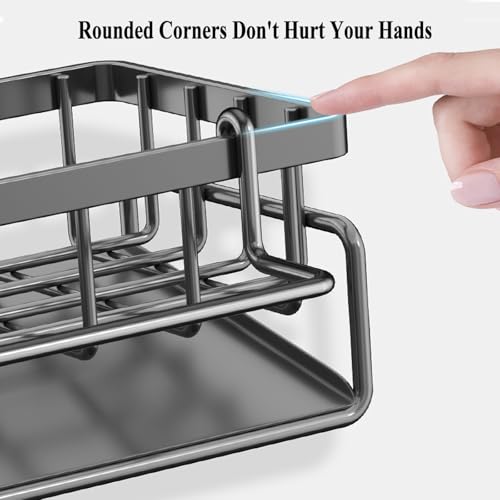 Sponge Holder for Kitchen Sink with Rag Holder, Kitchen Countertop Organizers and Storage Essentials, Rustproof Carbon Steel, Soap Dispenser Organize (Grey)