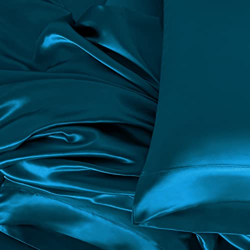Homiest 3pcs Satin Sheets Set Luxury Silky Satin Bedding Set with Deep Pocket, 1 Fitted Sheet + 1 Flat Sheet + 1 Pillowcase (Twin Size, Dark Teal) - color: Dark Teal, size: Deep pocket - Twin size