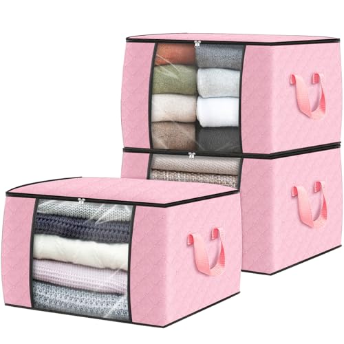 Fab totes 3 Pack Clothes Storage, Foldable Thick Fabric Blanket Storage Bags, Containers for Organizing Bedroom, Closet, Clothing, Comforter, Organization with Handle,Pink - color: Pink, size: 3 Pack-60l