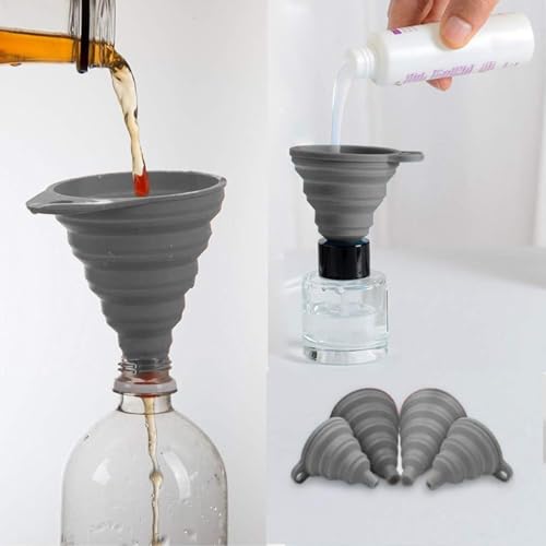 Kitchen Funnel Set 4 Pack, Small and Large, Kitchen Gadgets Accessories Foldable Silicone Collapsible Funnels for Filling Water Bottle Liquid Transfer Food Grade(Grey) - color: Grey