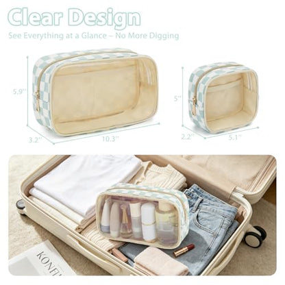 Fammart Clear Travel Makeup Bag for Women, TSA Approved Checkered Cosmetic Bag Make Up Car Organizer Case with Zipper, Large Waterproof Pouch Purse Toiletry Bag for Skincare, Brushes Travel Essentials - color: Clear, 2PCS - Green Checkered