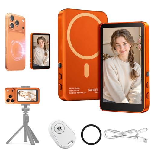 Magnetic Vlog Selfie Monitor Screen for iPhone 17 & Android, 4K Wireless Video Recording with Remote Zoom & Shoot, Content Creator Essentials Back Camera Monitor for vlogging YouTube TikTok - color: Orange
