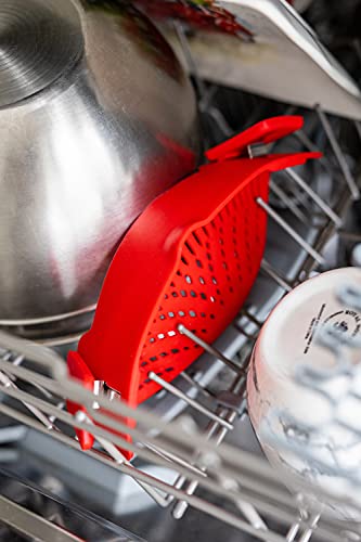 Arlig Clip On Pasta Strainer Silicone Universal Fit for all Pots and Bowls Snap On Drainer for Meat, Vegetables, Fruit Colander for Kitchen Easily Drain Food Space Saving - color: Gray