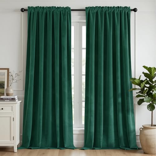 CUCRAF Dark Green Velvet 100% Blackout Curtains 72 inches Long, Thermal Insulated, Noise Reducing Rod Pocket Luxury Drapes for Bedroom Living Room(52x72 inches, 2 Panels) - color: Dark Green, size: 52"W x 72"L (Pack of 2)