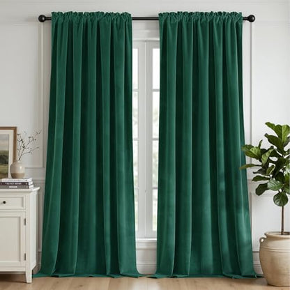 CUCRAF Dark Green Velvet 100% Blackout Curtains 96 inches Long, Thermal Insulated, Noise Reducing Rod Pocket Luxury Drapes for Bedroom Living Room(52x96 inches, 2 Panels) - color: Dark Green, size: 52"W x 96"L (Pack of 2)