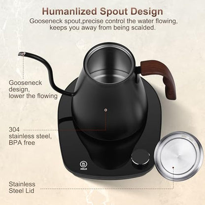 Gooseneck Electric Kettle, Intelligent Temperature Control, Stainless Steel Inner, Quick Heating, for Pour Over Coffee, Brew Tea, Boil Hot Water, 1000W 0.9L Black - color: Black