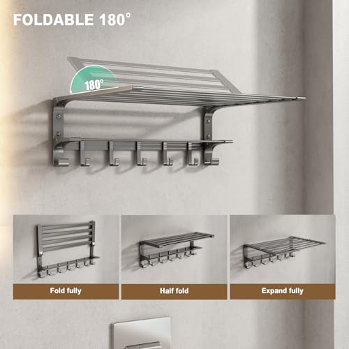 VOLPONE 24 Inch Towel Rack with Towel Bar Holder Foldable Large Towel Shelf with Movable Hooks Rustproof Widened Towel Storage Rack Wall Mount for Bathroom Lavatory Matte Grey - color: Matte Grey