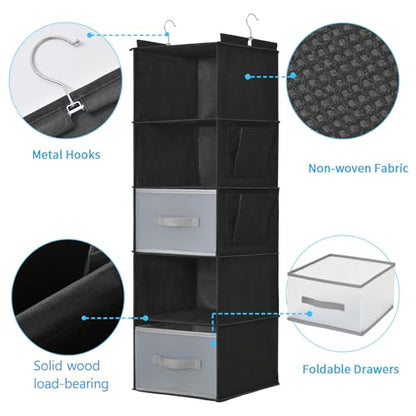 5-Layer Suspended Fabric Shelf Organizer, Equipped with 2 Sturdy Hooks, 2 Separate Drawers, and Foldable Hanging Storage (Black) - color: 5-shelf Black