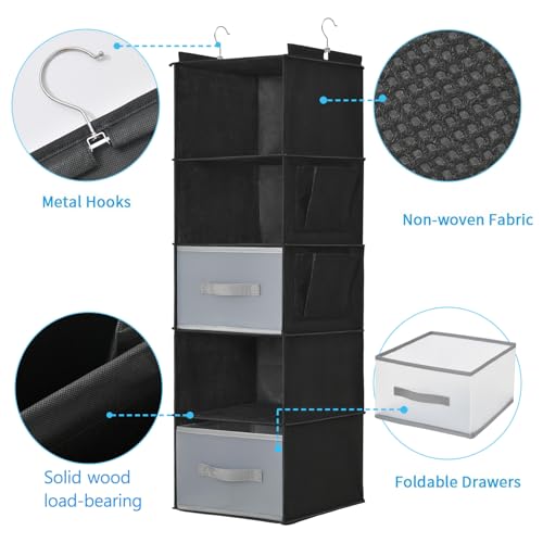 5-Layer Suspended Fabric Shelf Organizer, Equipped with 2 Sturdy Hooks, 2 Separate Drawers, and Foldable Hanging Storage (Black) - color: 5-shelf Black