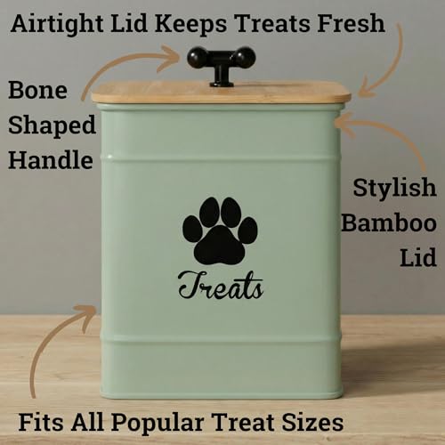 Dog Treat Container Airtight - 6 Inch Wide x 8 Inch Tall Iron Dog Treat Jar for Kitchen Counter with Airtight Bamboo Lid - 12 Cup Capacity Pet Treat Container - Doggie Cookie Jar - Big Treats Canister - color: Sage Green