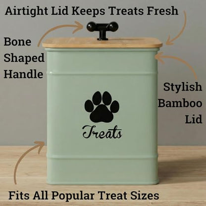 Dog Treat Container Airtight - 6 Inch Wide x 8 Inch Tall Iron Dog Treat Jar for Kitchen Counter with Airtight Bamboo Lid - 12 Cup Capacity Pet Treat Container - Doggie Cookie Jar - Big Treats Canister - color: Sage Green