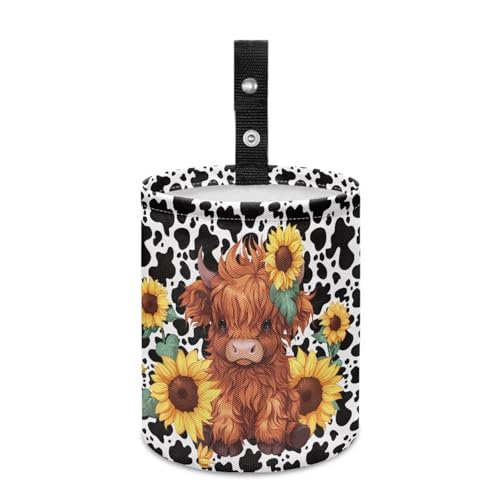 Renewold Car Trash Can with Highland Cow Sunflower Print, Waterproof Car Garbage Can with Button Straps, Foldable Trash Bag Bin, Multipurpose Storage Box for Trip Camping Beach, Birthday Festival Gift - color: Highland Cow Sunflower