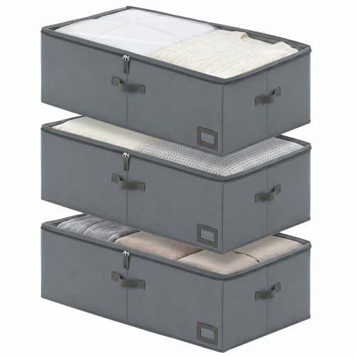 10" High Capacity Under Bed Storage Bins (3-Pack, Grey), Deep 600D Heavy Duty Oxford Fabric Storage Box for King Size Comforters, Pillows & Large Blankets - size: 10-Inch (3-PACK) - Deep