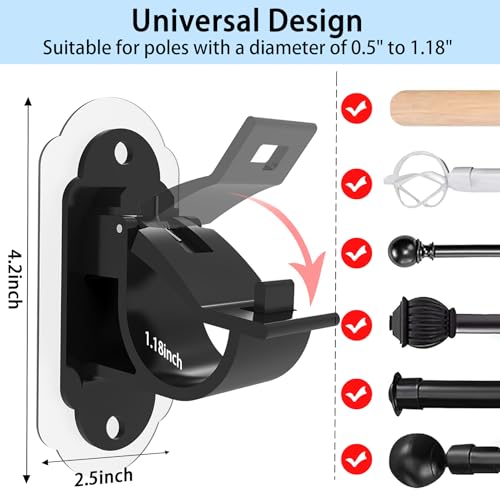 No Drill Curtain Rod Brackets，No Drill Needed Curtain Rod Holders, Adhesive Curtain Rod Holder，Multipurpose Nail Free Stick on Curtain Rod Hooks Self Adhesive Rod Holder Hooks（Black 6Pcs） - color: Black-6pcs