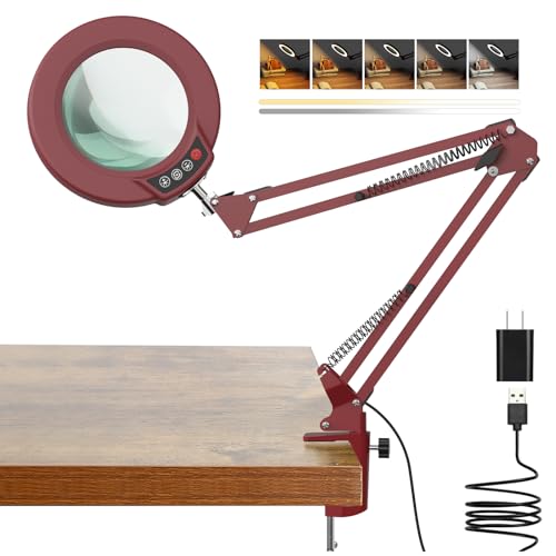 10X Magnifying Glass with Light and Clamp, Real Glass Stand Lighted Magnifier, 5 Color Modes Stepless Dimmable LED Desk Lamp Hands Free for Crafts Hobby Reading Painting Sewing Close Work - Red - color: Red, size: 10X