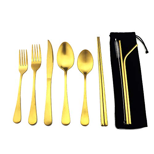 Gold Reusable Utensils with Case Camping Travel Silverware Set,Portable Stainless Steel Cutlery Set - Matte Flatware Set Knife Fork Spoon Mirror Straws Chopsticks - for Office Lunch, Hiking, School - color: Gold
