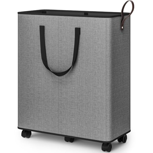 SpaceTrove Laundry Basket with Wheels, Collapsible Laundry Baskets, Laundry Hamper with Handles Detachable Wheels, Rolling Laundry Basket, Dirty Clothes Hamper for Bathroom, Dorm, Bedroom, Grey, 155L - color: Grey, size: 155L