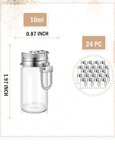 24 Pack 10ml Keychain Seasoning Bottles, Mini Glass Spice Containers for Travel & Camping, Small Empty Vials with Aluminum Lids for DIY Crafts, Wedding Favors, Home Crafts, Travel - size: 10ml