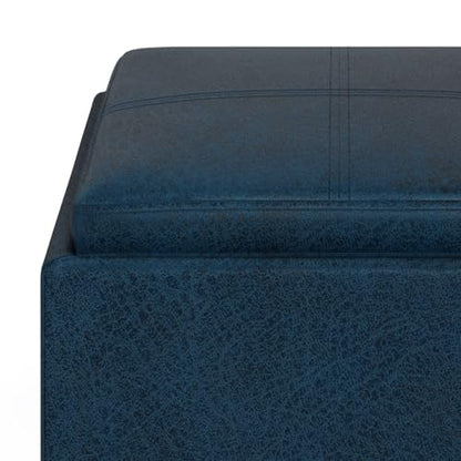 SIMPLIHOME Rockwood Cube Storage Ottoman with Tray - 17" Wide x 17" High Upholstered Vegan Leather Square Storage Ottoman in Distressed Dark Blue, Contemporary Cube Ottoman with Serving Tray - color: Distressed Dark Blue