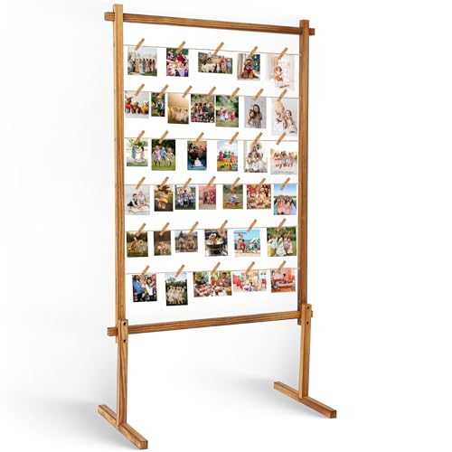 Collage Picture Frame,Photo Display Board with Clips,Wood Pictures Photos Frames With Stand for Wedding Graduation Party Birthday Greeting Letter Postcards Christmas Cards Holder Organizer,53 inch - color: Carbonized Brown, size: Standing(53")
