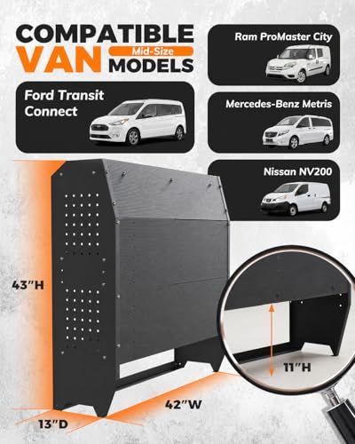 MELIPRON Cargo Van Shelves Fit for Ford Transit Connect, Ram ProMaster City, Nissan NV200, Chevy City Express, Heavy-Duty Steel Work Van Shelving Organizer and Storage, 42" W x 43" H x 13" D - size: 42" W x 43" H x 13" D