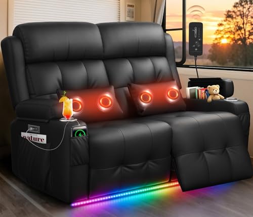 Power RV Loveseat Recliner Sofa, Reclining Loveseats Couch for RV Furniture, Home Theater Seating with Heat Massage, USB, Insert Pockets, Cup Holders, 150° Wall Hugger RV Recliners Sleeper Sofas - color: Black, size: Loveseat-G1-Power