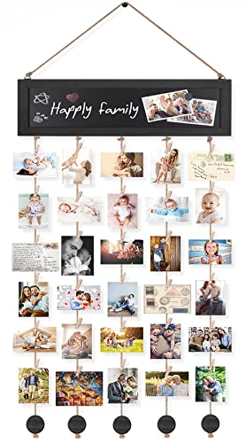 Bikoney Picture Frames Collage Wall Decor Photo Hanging Display Picture Board Wood Rustic Frames for Home Dorm Room Decor with Blackboard and 30 Clips Vintage Black - color: Vintage Black, size: 1-Pack