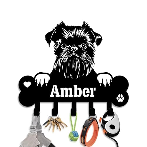 NIWAHO Dog Leash Holder for Wall Personalized - Brussels Griffon Custom Metal Sign with Bone Key Hooks, Entryway Mudroom Organizer Rack, Pet Room Decor - color: Brussels Griffon
