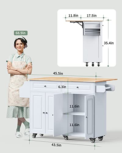 QSun Kitchen Island on Wheels Kitchen Cart with Rubber Wood Top, Mobile Kitchen Island with Double Storage Cabinet and Drawers, Island Table for Kitchen (White) - color: White