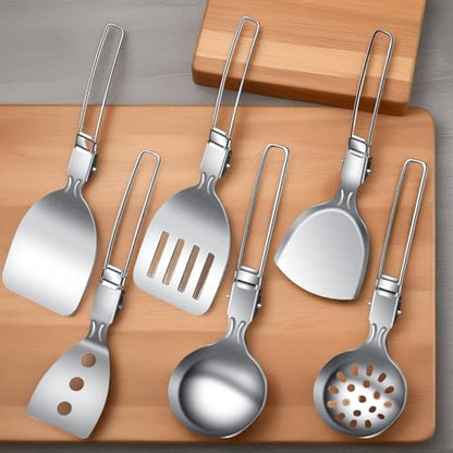Camping Cooking Utensil Set, 6 Piece Stainless Steel Portable Cookware Set, Foldable Camp Utensil Tools For Outdoor Grilling BBQ Travel Road Trip