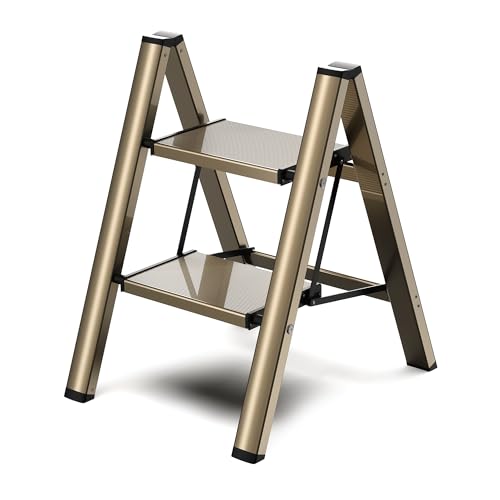 2 Step Ladder, Folding Step Stool with Wider Pedal, Anti-Slip Feet & Non Slip Stripes, Aluminum Sturdy Material, 300Lbs Capacity, Elegant Look of Champagne Gold Better Matches Your Home - color: Champagne Gold, size: 2 Step