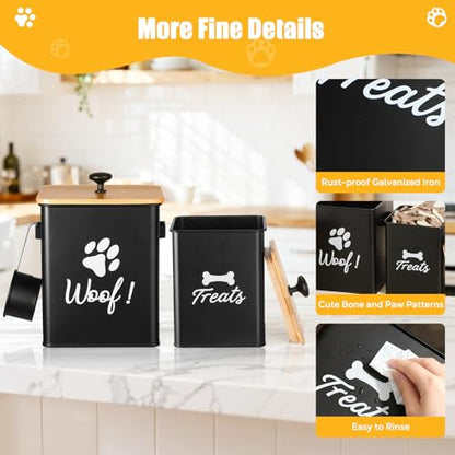 Dog Treat Containers Set of 2, Dog Food Storage Containers with Airtight Lids, Metal dog treat jars for Kitchen Countertop, Pet Food Canister Keep Snack Fresh, 5.9"×5.9"×7.1", Black - size: 5.9*7.1&4.9*6.1