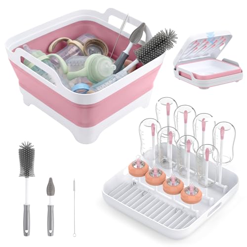 Collapsible Wash Basin for Baby Bottles with Drying Rack – 2.4 Gallon Foldable Dish Tub with Handles, Portable RV Camping Sink & Space-Saving Wash Bin with Lid for Kitchen, Travel & Outdoor, Pink - color: Pink