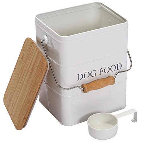 Morezi Dog Treat and Food Storage Tin with Wooden Lid and Scoop Included - White Powder - Carbon Steel - 5 lbs Capacity - Pet Food Container Storage Canister - color: White