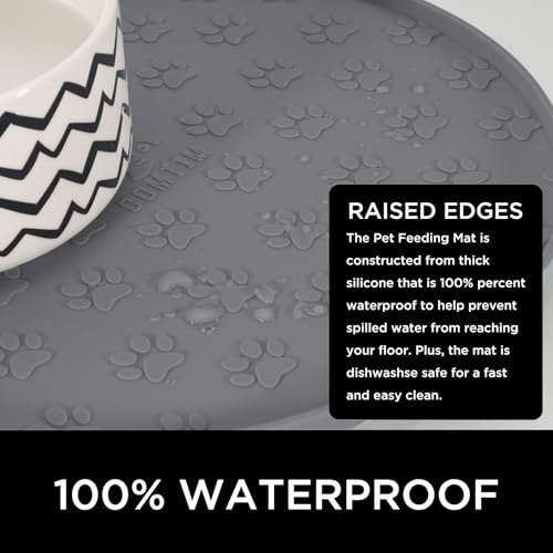 Comtim Waterproof Dog Food Mat - 2 Pack Silicone Pet Food Mat Dog Food Bowl Mats Cat Water Mats Eating Tray, Non-Slip Pet Placemat with Lip for Messy Drinkers to Protect Floor,Dark Grey 11"×11" - color: Dark Grey