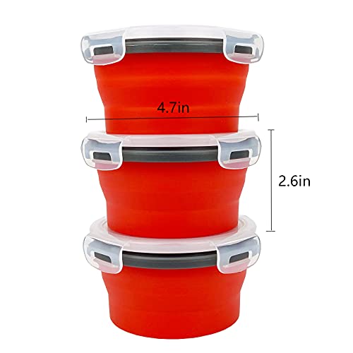 CCyanzi 3piece Round Collapsible Bowl with Lids, Silicone Food Storage Containers, Microwave & Freezer Safe, Space Saving for Kitchen Cabinet and Camping Backpack,(Red Gray) - color: red with gray