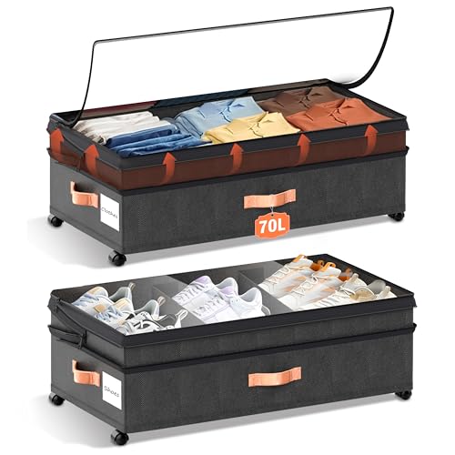 XXL Under Bed Storage with Wheels, 2 Pack 70L Extra Large Rolling Organizer, Heavy-Duty Foldable Container with Lids, Fits 10”+ Clearance, Black - color: Black, size: Extra Large