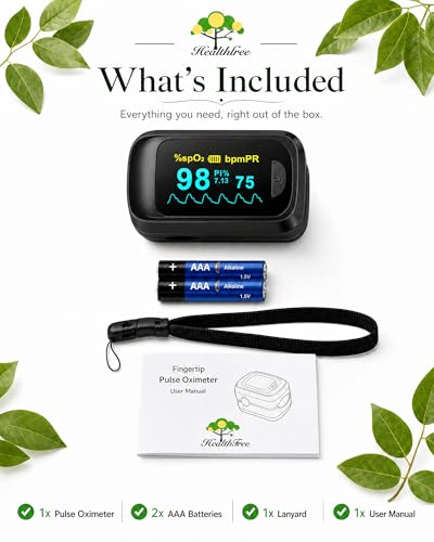 Healthtree JKS50B Pulse Oximeter Fingertip - Blood Oxygen monitor Fingertip with Perfusion Index, Fast 5-8s Reading, Large OLED Display, SpO2 & Heart Rate monitor for Home, Sports, Travel (Includes Batteries & Lanyard)