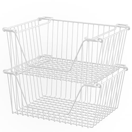 Slideep 14'' Large Stackable Storage Baskets Cabinet Organizer Sturdy Metal Wire Pantry Freezer Bin for Pantry Home Bathroom Kitchen Organization White - 2 Pack - color: 14''-White