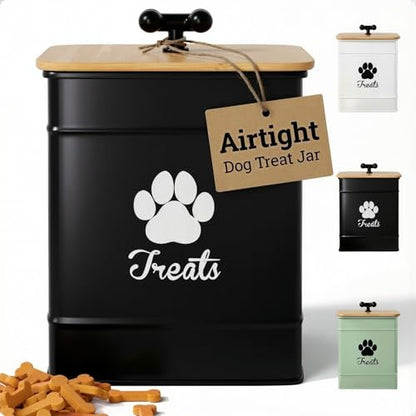 Dog Treat Container Airtight - 6 Inch Wide x 8 Inch Tall Iron Dog Treat Jar for Kitchen Counter with Airtight Bamboo Lid - 12 Cup Capacity Pet Treat Container - Doggie Cookie Jar - Big Treats Canister - color: Black