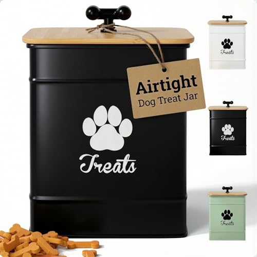 Dog Treat Container Airtight - 6 Inch Wide x 8 Inch Tall Iron Dog Treat Jar for Kitchen Counter with Airtight Bamboo Lid - 12 Cup Capacity Pet Treat Container - Doggie Cookie Jar - Big Treats Canister - color: Black
