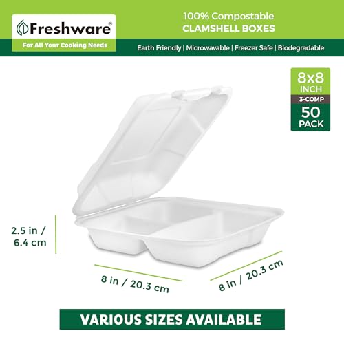 Freshware Compostable Clamshell Food Containers [8x8"] 3-Compartment 50-Pack, Disposable Containers, Biodegradable Sugarcane To Go Boxes - Paper Food Containers - Microwave & Freezer Safe, Stackable - size: 8 x 8 Inch [50-Pack]