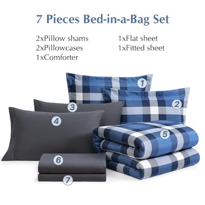 MaiRêve Queen Size Plaid Comforter Set Indigo Blue, Classic Checkered 7 Pieces Farmhouse Bedding Set, All Season Lightweight Bed in A Bag with Sheets, Pillowcases & Shams - color: Indigo Blue, size: Queen