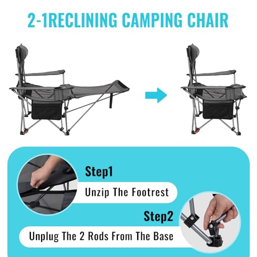 #WEJOY 2-in-1 Reclining Camping Chair with Footrest for Adults Folding Lounge Chair with Adjustable Backrest Lightweight Camping Chairs Heavy Duty Camp Chairs for Outdoor - color: Grey Black