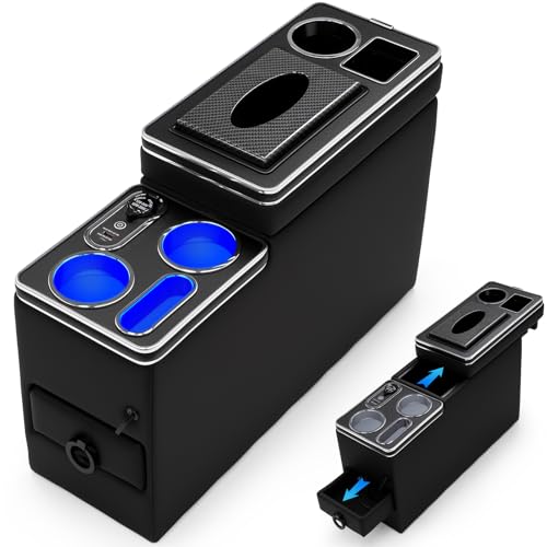 Center Console Between Seat Organizer for Minivans,SUVs,with Dual USB Charging ,Cup Holders,tissue box, 7 Color ambient lighting and drawers for Minivan, Middle Van Floor Console Organizer Storage Box - size: 7 Color ambient lighting