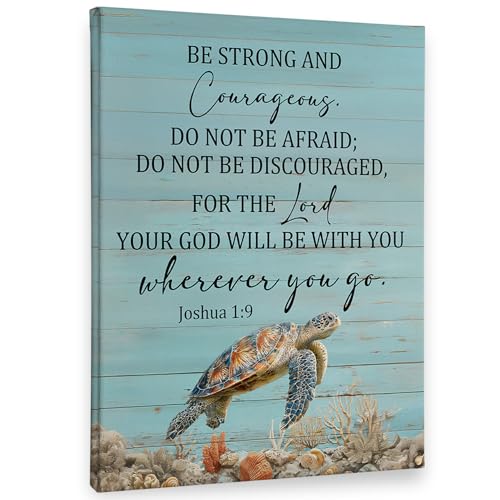 PHAMTE Christian Coastal Sea Turtle Wall Art Decor Canvas 11x14, Be Strong and Courageous Bible Verse Pictures Decorations, Religious Framed Prints Artwork for Home Bedroom Living Room Church Decor - color: Turtle, size: 14"L x 11"W